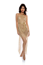 Charger l'image dans la galerie, Model Front: Luli Fama Vêtement De Plage Cross Halter Long Fringe Dress Gold Rush