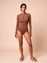 Charger l'image dans la galerie, Gallery: Uv Line Une Pièce Long Sleeve Swimsuit Macae Brown Upf50+
