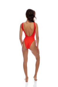 Model Back: Luli Fama Une Pièce Bodysuit Hot Tropics Red